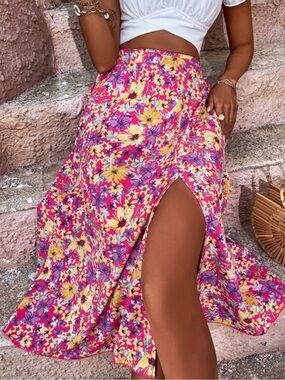 SHEIN Pink Floral Maxi Skirt with High Slit